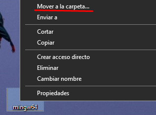 Captura de pantalla de la ventana del explorador de Windows mostrando el menú contextual con la opción 'Mover a' seleccionada para trasladar la carpeta mingw64 hacia el Disco Local C.