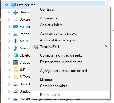 Captura de pantalla del menú contextual de 'Este Equipo' en el explorador de archivos, destacando la opción 'Propiedades' en la parte inferior.