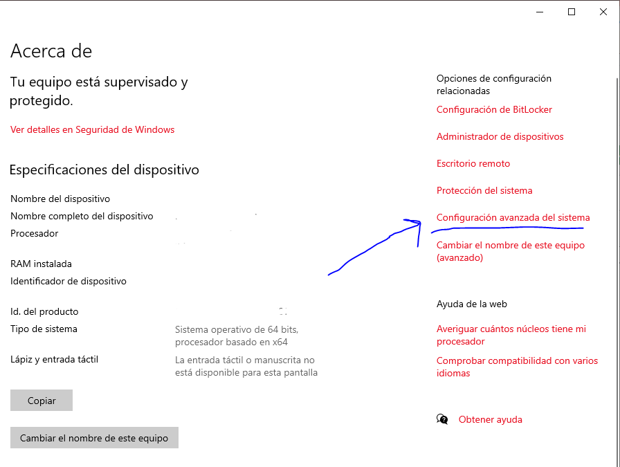 Captura de pantalla del panel de información del sistema en la configuración de Windows, señalando el enlace a la Configuración Avanzada del Sistema en el panel lateral.