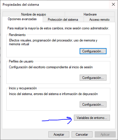 Captura de pantalla de la ventana flotante 'Propiedades del sistema', enfocada en la pestaña 'Opciones avanzadas' y destacando con un recuadro el botón inferior 'Variables de entorno'.