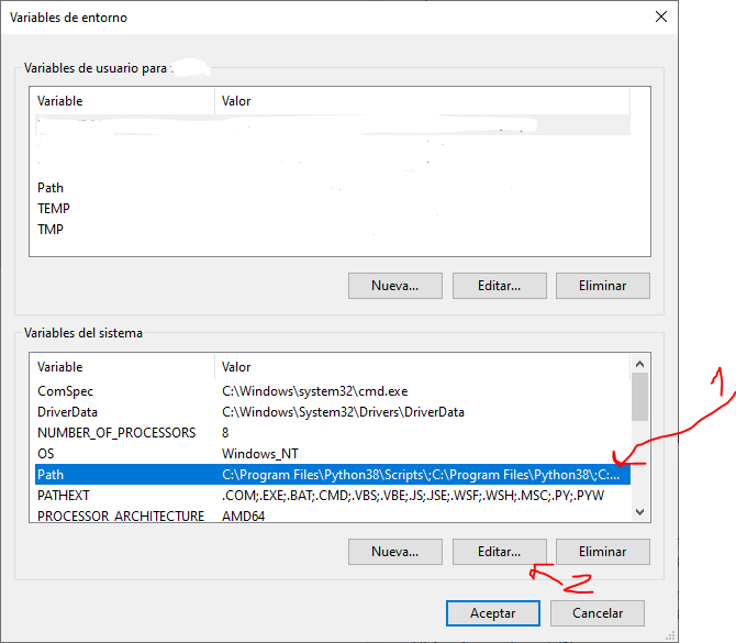 Captura de pantalla de la ventana 'Variables de entorno', dividida en Variables de usuario y Variables del sistema. Se destaca la variable del sistema llamada Path seleccionada.