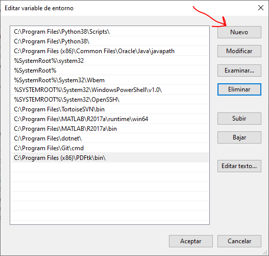 Captura de pantalla del diálogo 'Editar variable de entorno'. Se observa una lista de rutas existentes y el botón 'Nuevo' destacado para ingresar la ruta del compilador.