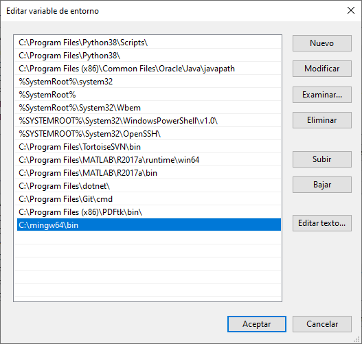 Captura de pantalla de la lista de rutas dentro de la variable Path, mostrando en la parte inferior la entrada C:\mingw64\bin añadida correctamente.